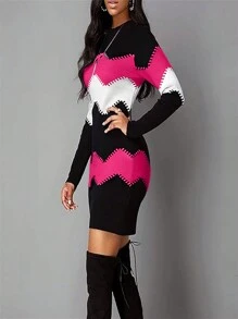 INAWLY 大尺碼女士修身條紋長袖連衣裙 - 彩色 - 查看 3