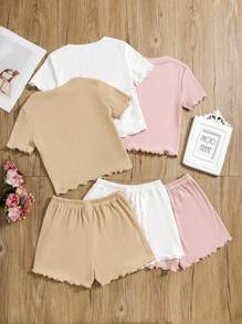 SHEIN Conjunto De 3 Peças Camiseta Justa De Malha E Shorts De Malha Com Cor Sólida Para Meninas, Conjunto De Malha Para Férias Casuais