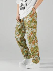 Manfinity EMRG Pantalones Cargo Estampados Con Estampado De Flores Para Hombre De Talla Grande - Amarillo - Ver 3
