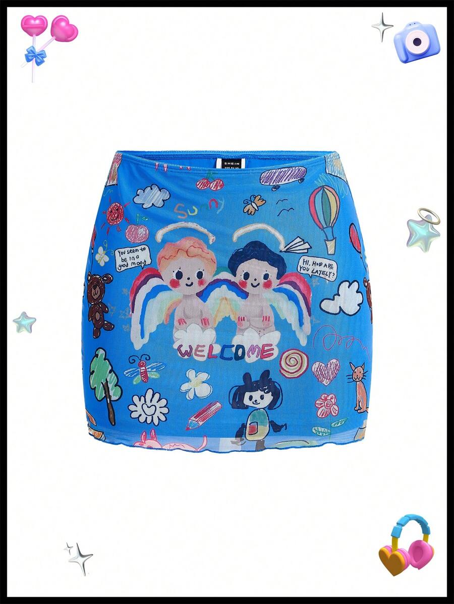 SHEINNeu Falda Mini Con Estampado De Dibujos Animados En Estilo Kidcore - Multicolor - Ver 1