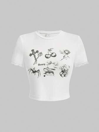 Damen T-shirt Mit Rundhalsausschnitt Und Kurzen Ärmeln, Einfach Muster, Für Den Alltag