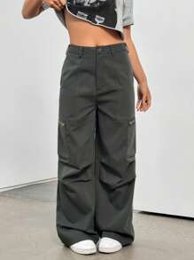 SHEIN EZwear Của phụ nữ Lỏng lẻo phù hợp Túi khóa kéo Quần - Màu xanh lá cây đậm - Xem 3