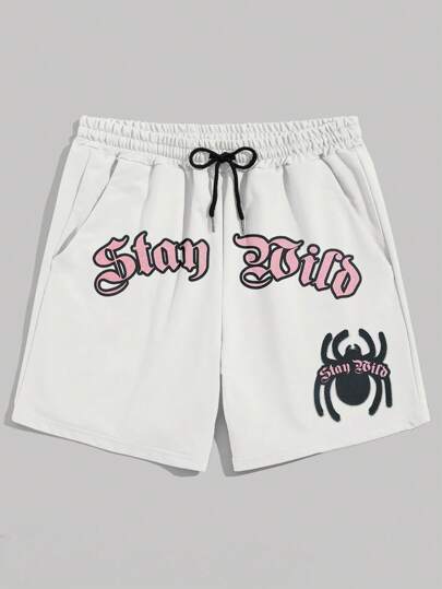 Goth Men's Drawstring Waist Shorts With Letter And Spider Pattern