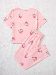 Cô gái Tween Màu hồng Dưa hấu In Quần Và Ngắn tay Vòng cổ Áo Giải trí Trang phục mặc nhà Bộ - Màu Hồng  Dưa hấu - Xem 2