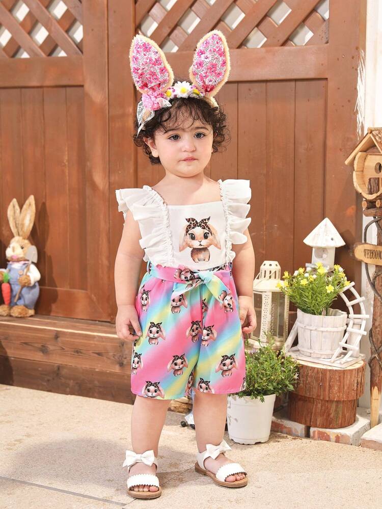 Baby Girls' Casual Summer Cute Cartoon Pattern Colorblock Romper With Ruffle Hem