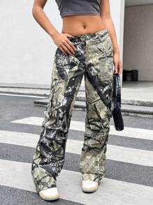 StreetHx Women's Full-Print Pattern Cargo Pants,Ladies Spring/Fall Casual Pocket,Split,Zipper Natural Cargo Pants Long Multicolor Viscose Loose Women Pants,Casual Daily Wear - Multicolor - View 3