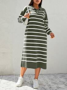 SHEIN Cottnline Plus Size Color Block Striped Drop Shoulder Sweater Dress - Olive Green - View 1
