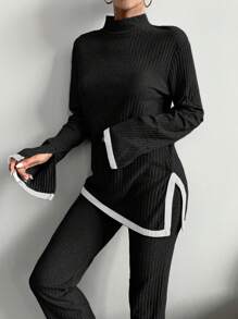 RueChic Women's Colorblocked Long Sleeve Top With Side Slit Hem And Pants Set With Trim Detail - Black - View 4