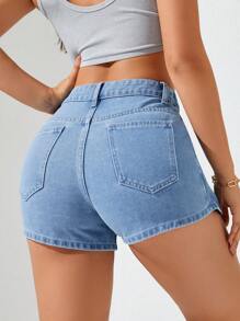 Women's Solid Color Button-Wrap Denim Skort - Medium Wash - View 2