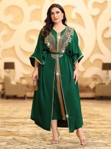 Al Najma Váy Kaftan Jalabiya rộng rãi cổ chữ V dệt thắt lưng cho nữ, phong cách tiệc tối sang trọng thanh lịch - Màu xanh lá cây đậm - Xem 2