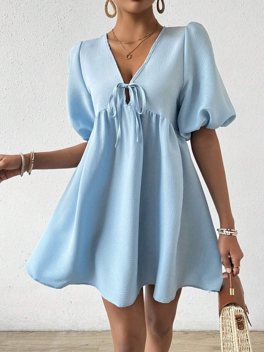 Chiquease 女性前扣短泡袖連衣裙 - 藍色 - 查看 1