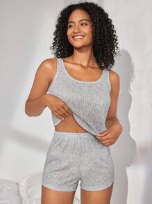 Ocili 女性實色肋紋針織背心和短褲休閒套裝 - 灰色 - 查看 3