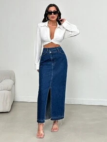 EURMUSE Women's Irregular Waist High Side Split Long Denim Skirt - Medium Wash - View 3