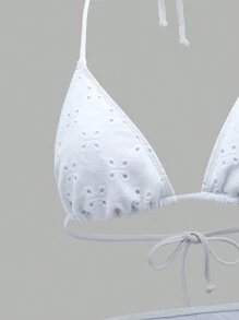 Swim Mod 夏日海滩 3 件套纯色网眼刺绣比基尼套装 - 白色 - 查看 6