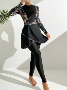 Swim Mulvari Summer Beach Women's Long Sleeve Conservative Tankini Swimsuit With Plant Printed Pattern