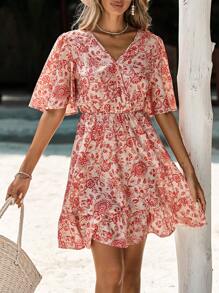 SHEIN Frenchy Váy hở lưng phối ren in hoa dành cho nữ, Váy ngắn mùa hè, Váy hở lưng in họa tiết Paisley lãng mạn đi nghỉ mát, Váy bóng hoa, Tay áo xếp nếp thanh lịch, Váy thanh lịch bó sát thoải mái - Nhiều màu - Xem 5