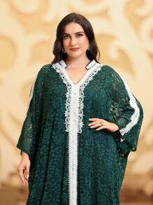 Layrah Váy Kaftan Jalabiya Ả Rập tay cánh dơi Jacquard cỡ lớn cho nữ, phong cách tiệc tối sang trọng thanh lịch - Màu xanh lá cây đậm - Xem 4