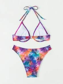 SHEIN Swim 女士熱帶印花綁頸比基尼套裝，嘉年華風 - 彩色 - 查看 5