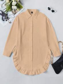 SHEIN LUNE Women's Solid Color Shirt With Ruffle Trim,Long Sleeve Tops Fall Cloth For Women - Khaki - View 6