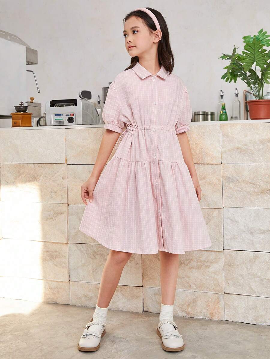 SHEIN 少女鬆身日式休閒落肩領泡泡袖短袖及膝裙 - 粉色 - 查看 1