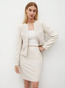 BizChic 女式双排扣长袖西装外套和配套铅笔裙套装，都市通勤商务休闲正式优雅装，秋冬 - 杏色 - 查看 4