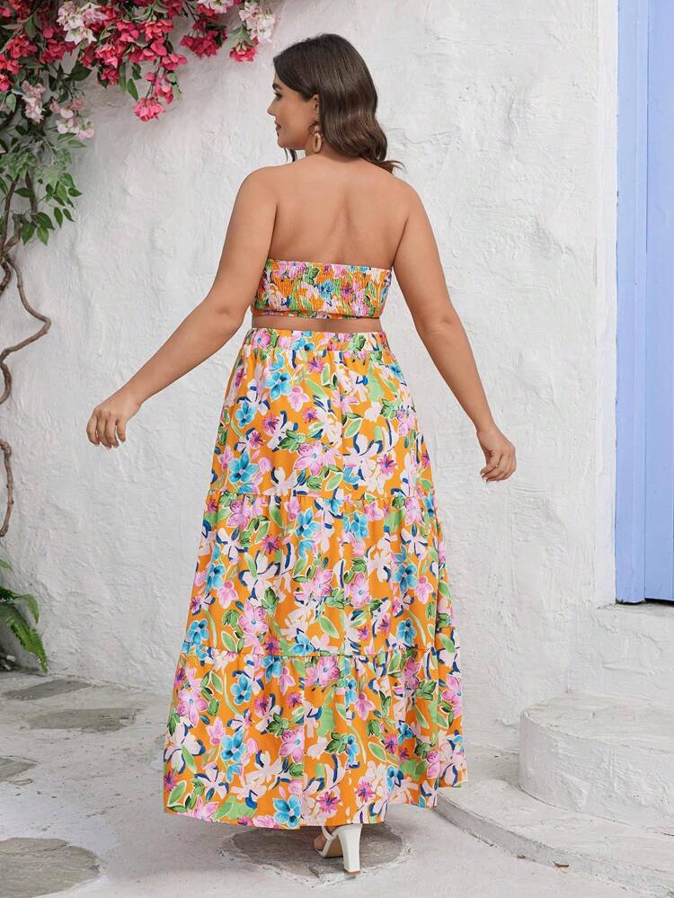 Plus Size Women'S Floral Printed Strapless Top And Shorts Two Piece Set