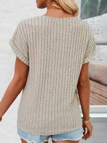 SHEIN LUNE Women's Patchwork Lace & Weave & Ribbed Detail Casual T-Shirt - Apricot - View 2