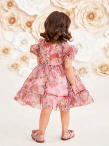 Mother & Baby Girls' Floral Pattern Organza Ruffle Sleeve Dress