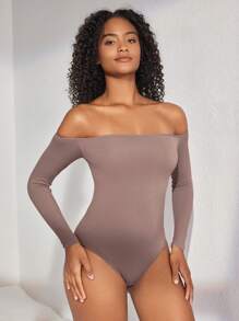 Ocili Leisure Women's Solid Color Off Shoulder Bodysuit Pajamas - Brown - View 7