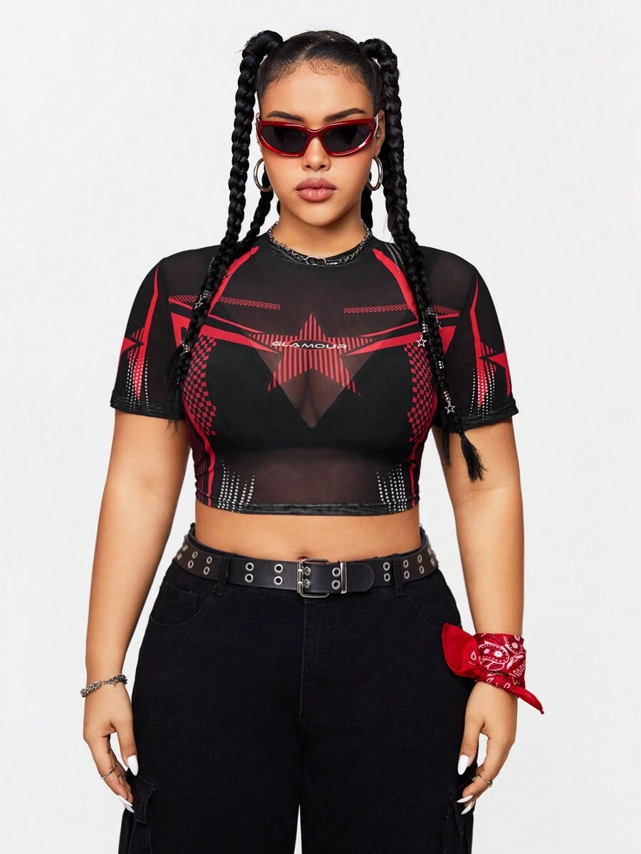 SHEIN Coolane 大尺碼女士透視星星和字母印花短袖上衣 - 彩色 - 查看 1