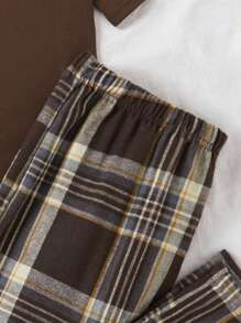 Teen Girls' Brown Plaid Pants & Brown Round Neck Short Sleeve T-Shirt 2pcs Casual Home Wear Set - Brown - View 3