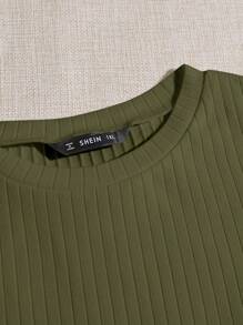 SHEIN EZwear 大码女式生菜边罗纹 T 恤 - 軍綠色 - 查看 5
