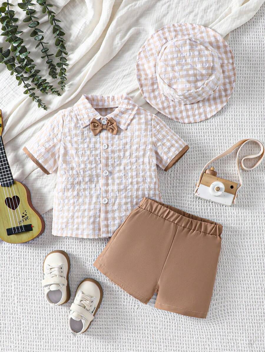 Baby Boy Bow Tie Gingham Short Sleeve Shirt, Shorts And Hat Outfit Set - Brown - View 1