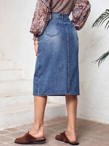 SHEIN LUNE Denim Giải trí Váy Với Mặt trước Khe - Màu xanh lam - Xem 2