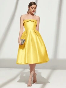 SHEIN Belle 大摆露肩礼服，优雅舞会半正式婚礼宾客礼服，适合生日、毕业典礼、返校节派对礼服 - 黃色 - 查看 1
