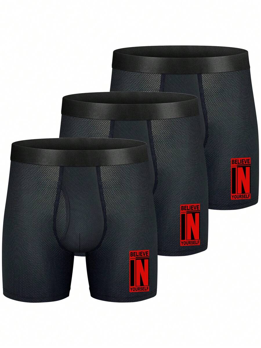 3pcs/Set Men's Letter Print Boxer Briefs - Black - View 1