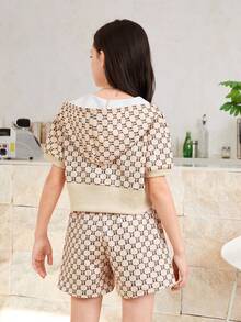 SHEIN Cô gái Tween Giải trí áo có mũ Áo len Mở Và Bộ quần short - Cà phê nâu - Xem 2