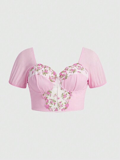 Kawaii Plus Size Floral Embroidery See-Through Mesh Crop Top With Open Back