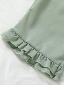 1pc Teen Girl's Mint Green Patchwork Ruffle Hem Pants Home Wear - Mint Green - View 4