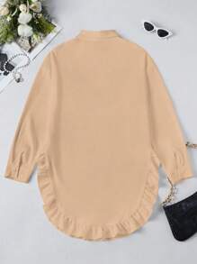 SHEIN LUNE Women's Solid Color Shirt With Ruffle Trim,Long Sleeve Tops Fall Cloth For Women - Khaki - View 2