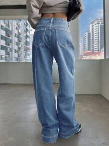 DAZY 高腰阔腿牛仔裤，水洗效果，宽松牛仔裤，返校服 - 淺色水洗藍 - 查看 2