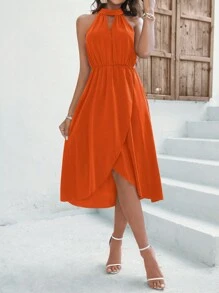 SHEIN Frenchy Women's Asymmetrical Hem Halter Neck Cut Out Dress - Orange - View 1