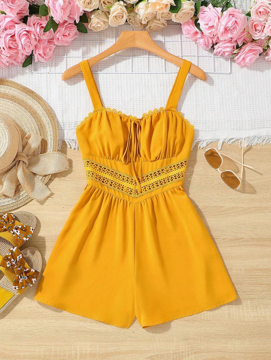 SHEIN VCAY Vacation Water Soluble Lace Patchwork Women'S Romper - Yellow - View 1