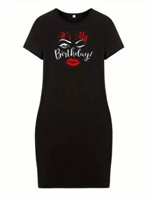 SHEIN Của phụ nữ Ngắn tay Đầm Với Mẫu khẩu hiệu - màu đen - Xem 4