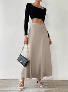 Uhlyne Damen einfarbiger eleganter Maxirock Damenoutfit - Champagnerfarben - Übersicht 4