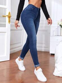 SHEIN Tall Quý cô Thon gọn Đau khổ Denim Quần jean - Màu xanh lam - Xem 1
