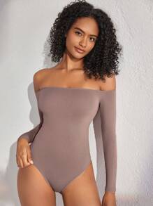 Ocili Leisure Women's Solid Color Off Shoulder Bodysuit Pajamas - Brown - View 1