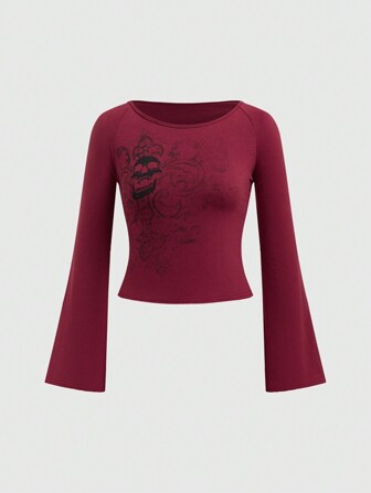 Grunge Punk Camiseta De Mujer Con Cuello Barco Elástico Y Corte Ajustado, Estampado Retro De Calavera Y Vid, Manga Acampanada Desgastada