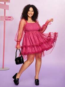 SCOOBY-DOO X SHEIN 加大尺碼卡通圖騰抽褶緊身胸衣泡泡袖連衣裙 - 粉色 - 查看 7