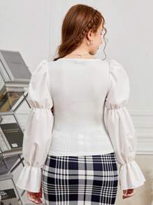 SHEIN Teen Girl's Elegant Puff Sleeve Blouse With Plaid Print Skirt Set - White - View 2